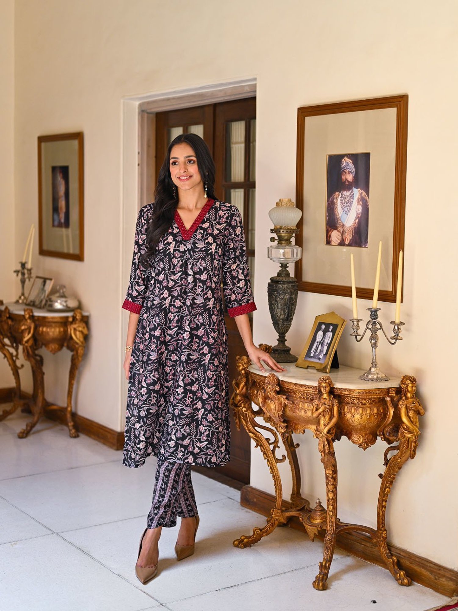 Mahee Jaipur Black and Red Block Print Pure Muslin Kurta Pant Set