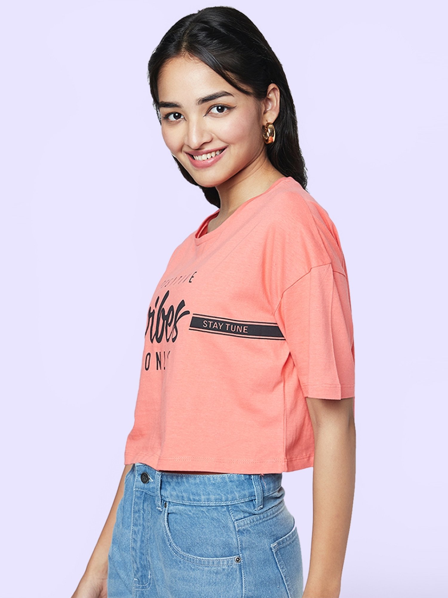 YU by Pantaloons Peach Cotton Graphic Print Top