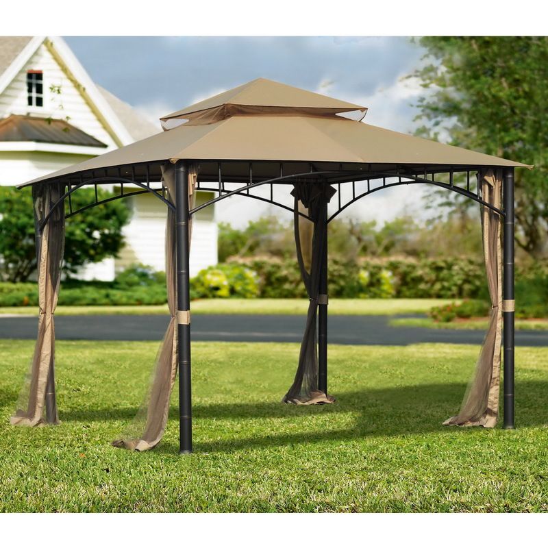 Costway Outdoor 2-Tier 10'x10' Gazebo Canopy Shelter Awning Tent Patio Garden Screw-free structure Brown