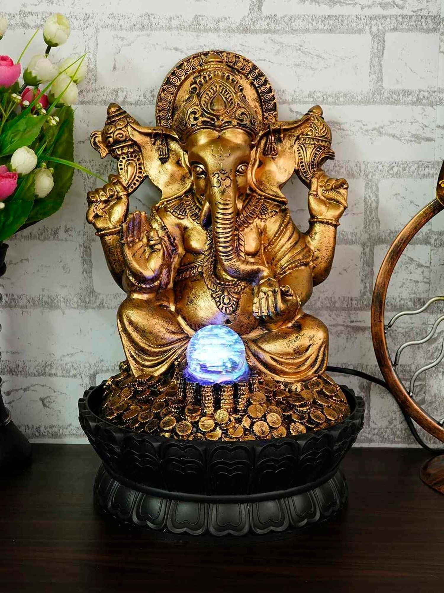CHRONIKLE Gold Polyresin Ganesha Idol Waterfall Fountain
