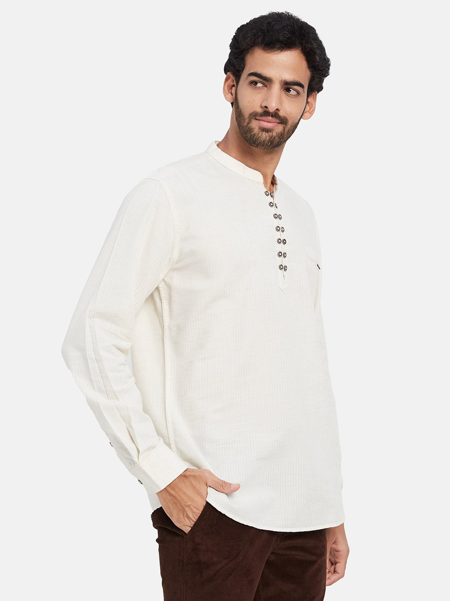 METTLE Cream Regular Fit Striped Shirt