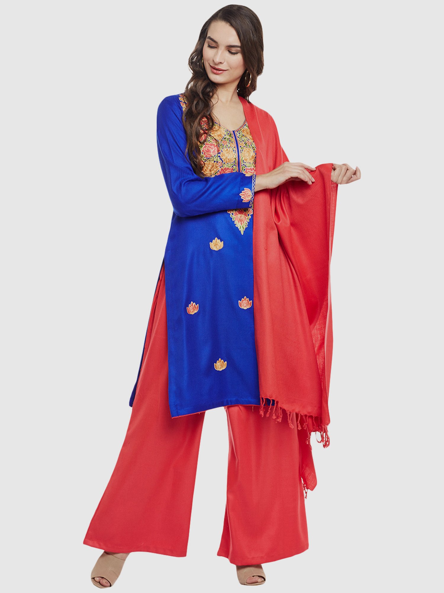 Chhabra 555 Blue & Peach Embroidered Unstitched Dress Material