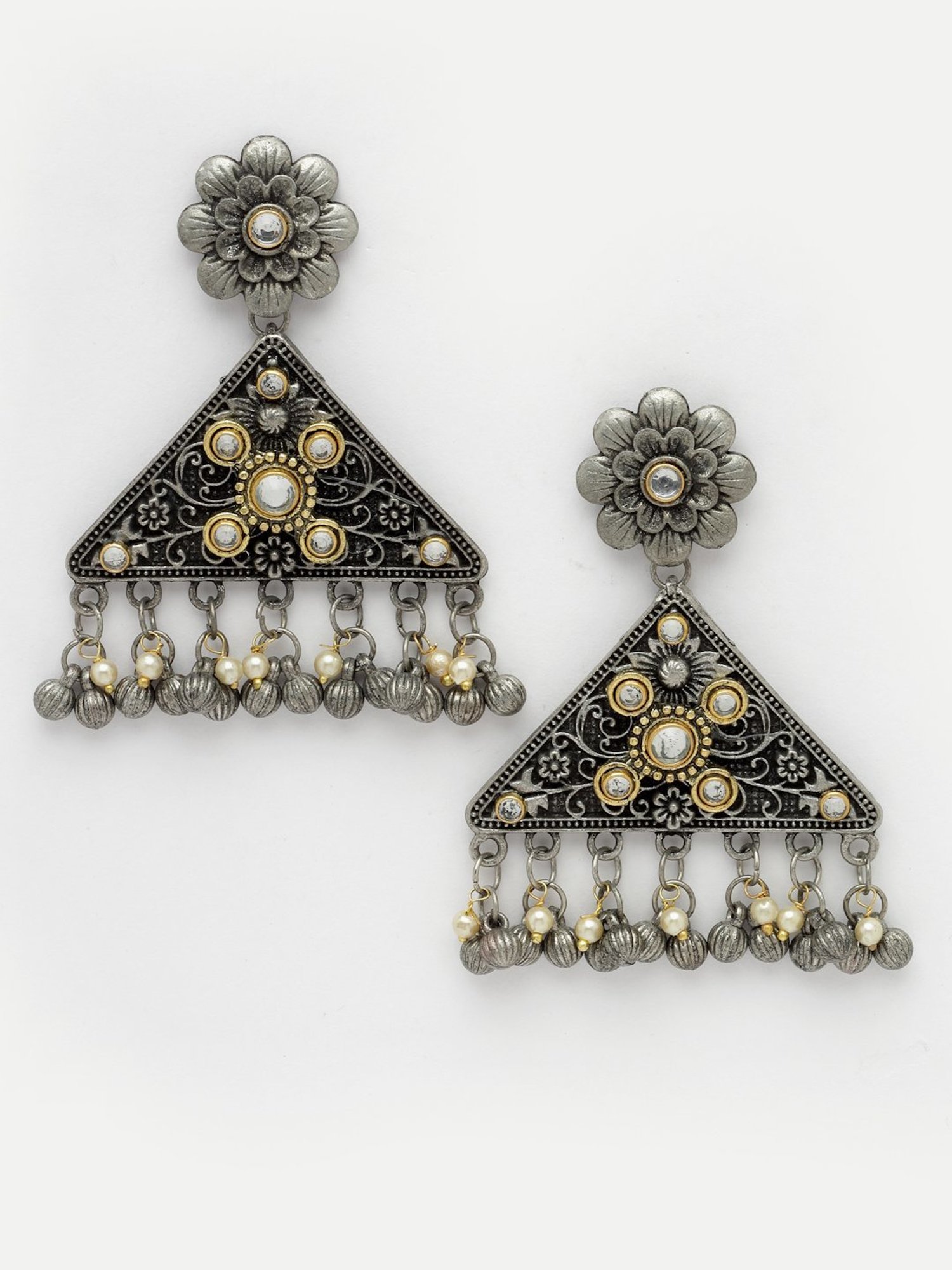 Moedbuille Kundan and Pearls Floral Design Oxidised Silver Plated Tribal Tasselled Earrings