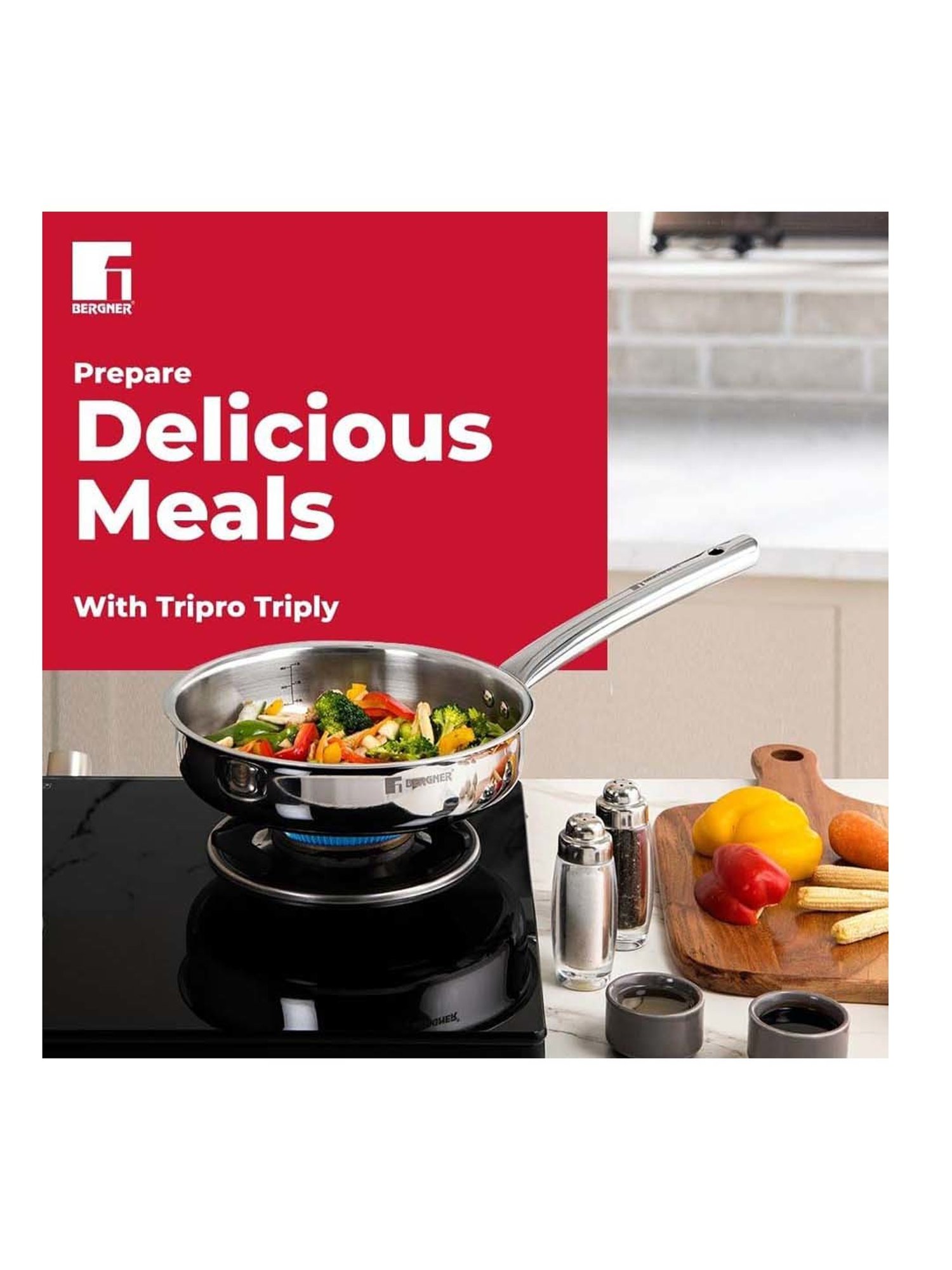 Bergner Tripro Silver Stainless Steel 26 cm Induction Friendly Triply Sautepan With Lid (2.6 L)