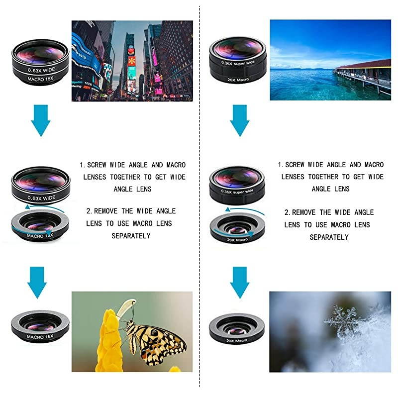 Lens Kit Phone Camera Lens 9 in 1 Zoom Telephoto Lens+198&deg; Fisheye +035X Super WideAngle + 20X Macro Lens + 063X Wide Lens + CPL +Kaleidoscope Lens +Starburst for Samsung Android Smartphone