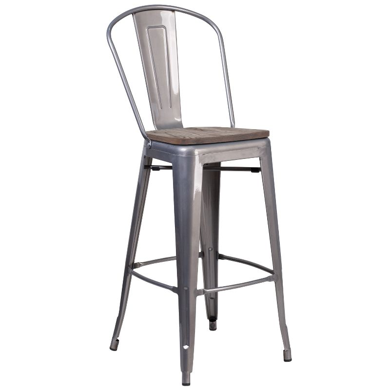 Emma and Oliver 30"H Clear Coated Barstool with Back and Wood Seat