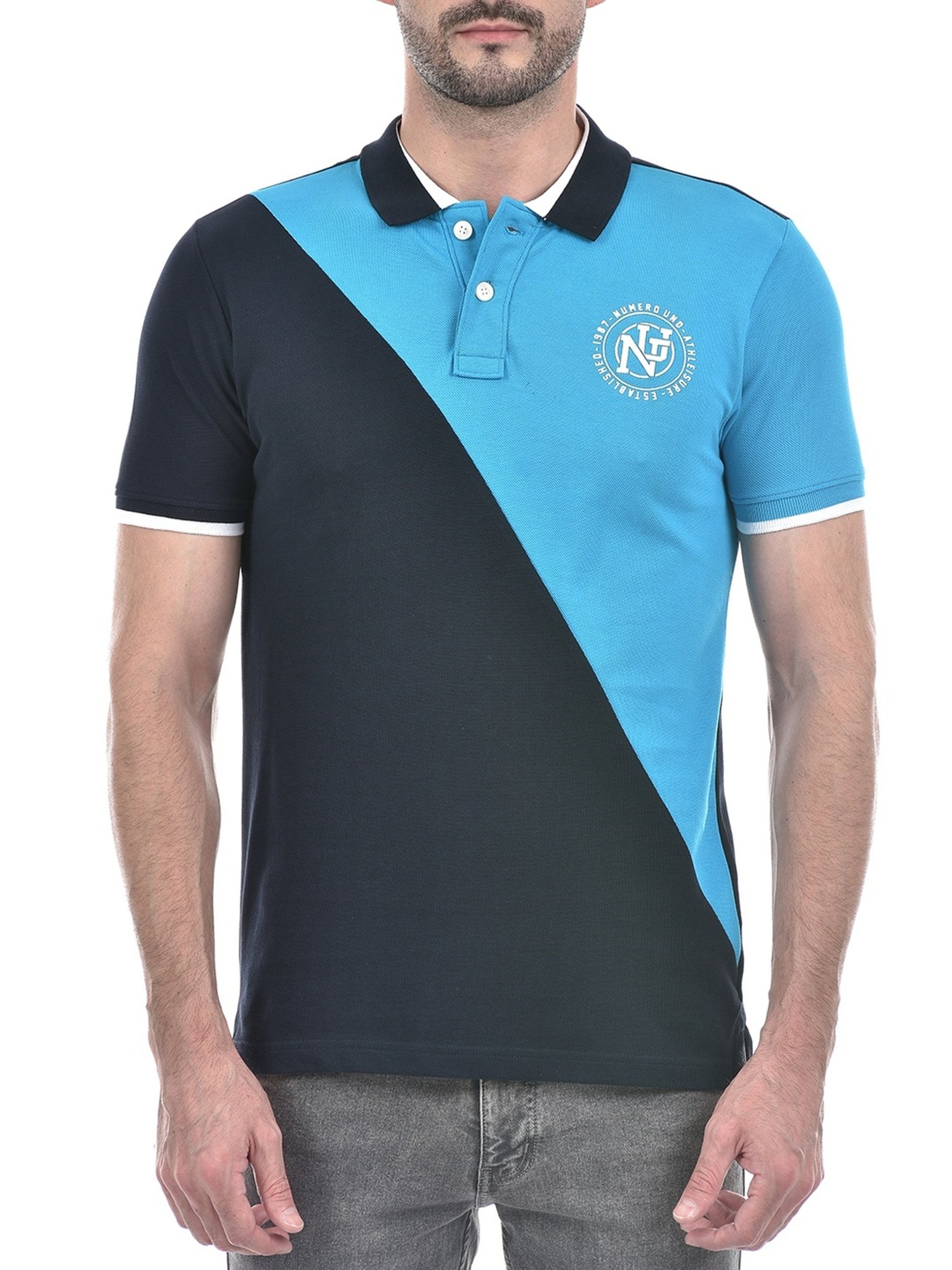 Numero Uno Blue Cotton Regular Fit Colour Block Polo T-Shirt