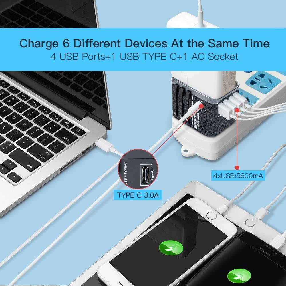 Universal Power Adapter for US AU UK Europe Over 150 Countries-Evershop All in One Worldwide International Wall Charger AC Plug Adaptor with 5.6A Smart Power USB and 3.0A USB Type-C