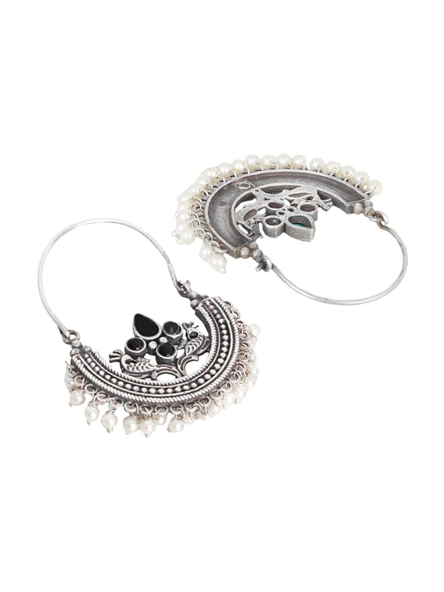 Teejh Saara Floral Pearl White & Black Stone Bali Earrings