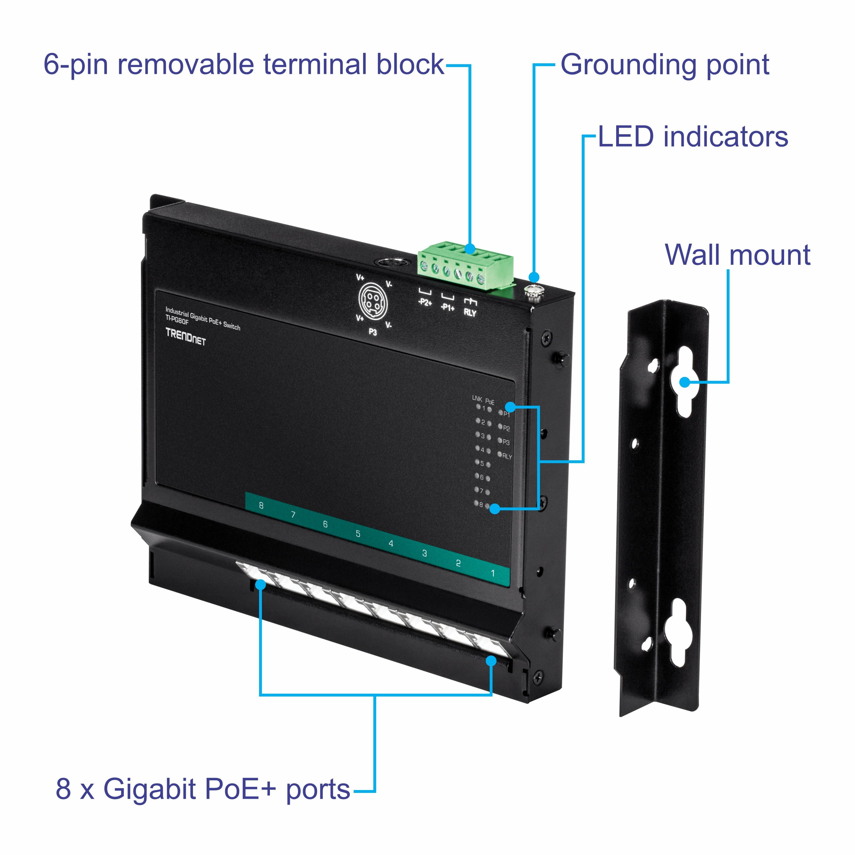 TRENDnet 8-Port Industrial Gigabit PoE+ Wall-Mounted Front Access Switch