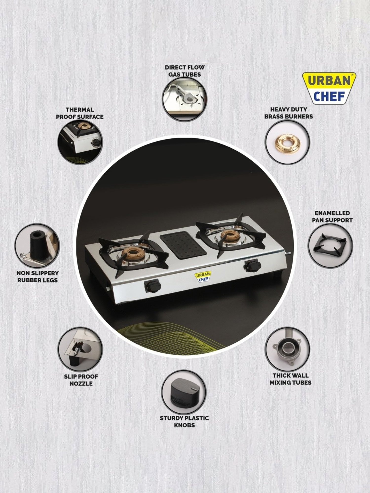 Urban Chef Gas Stove with 2 Burners ( Silver/Black )