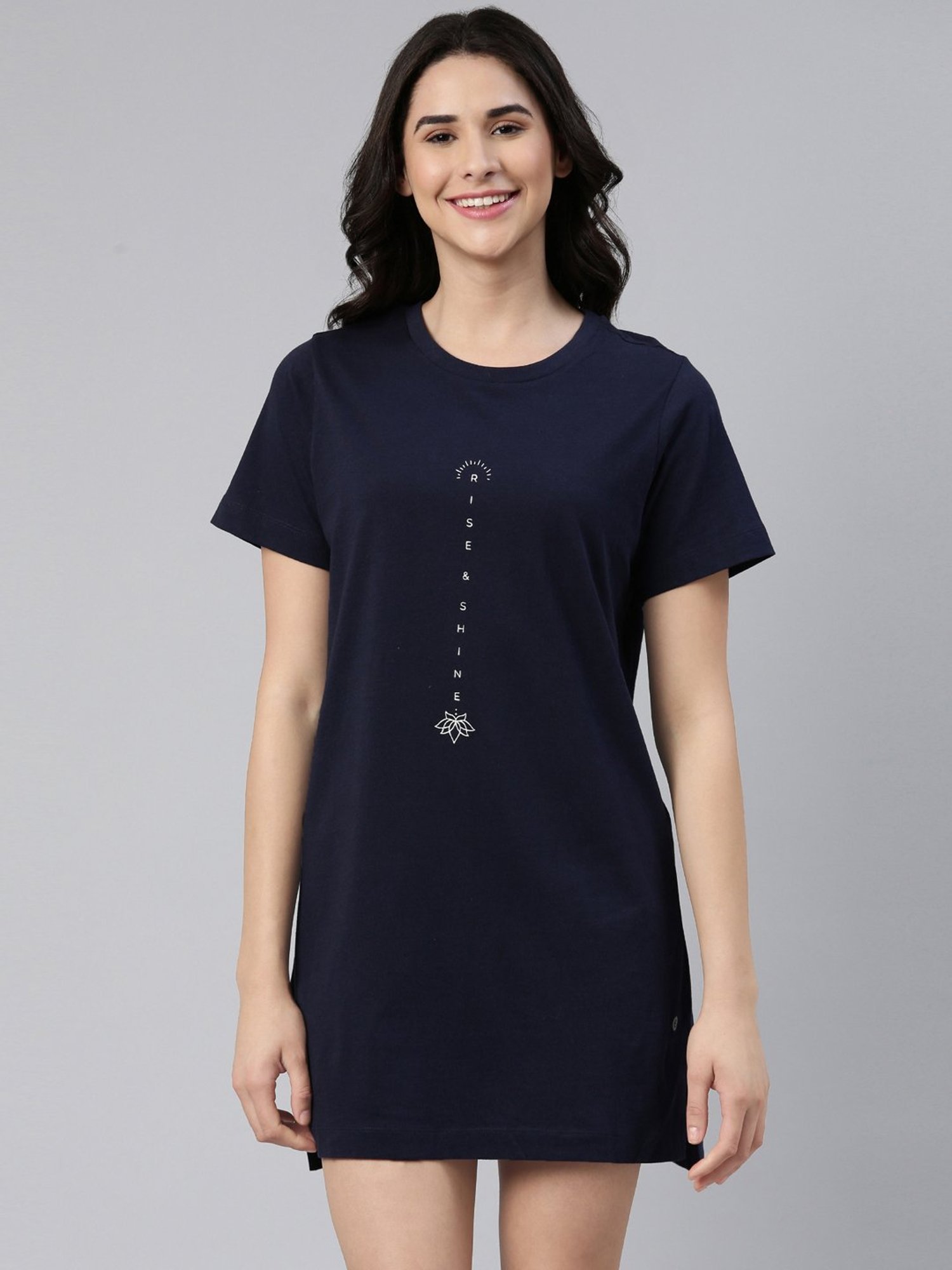 Enamor Indigo Blue Cotton Graphic Print Sleep Tee