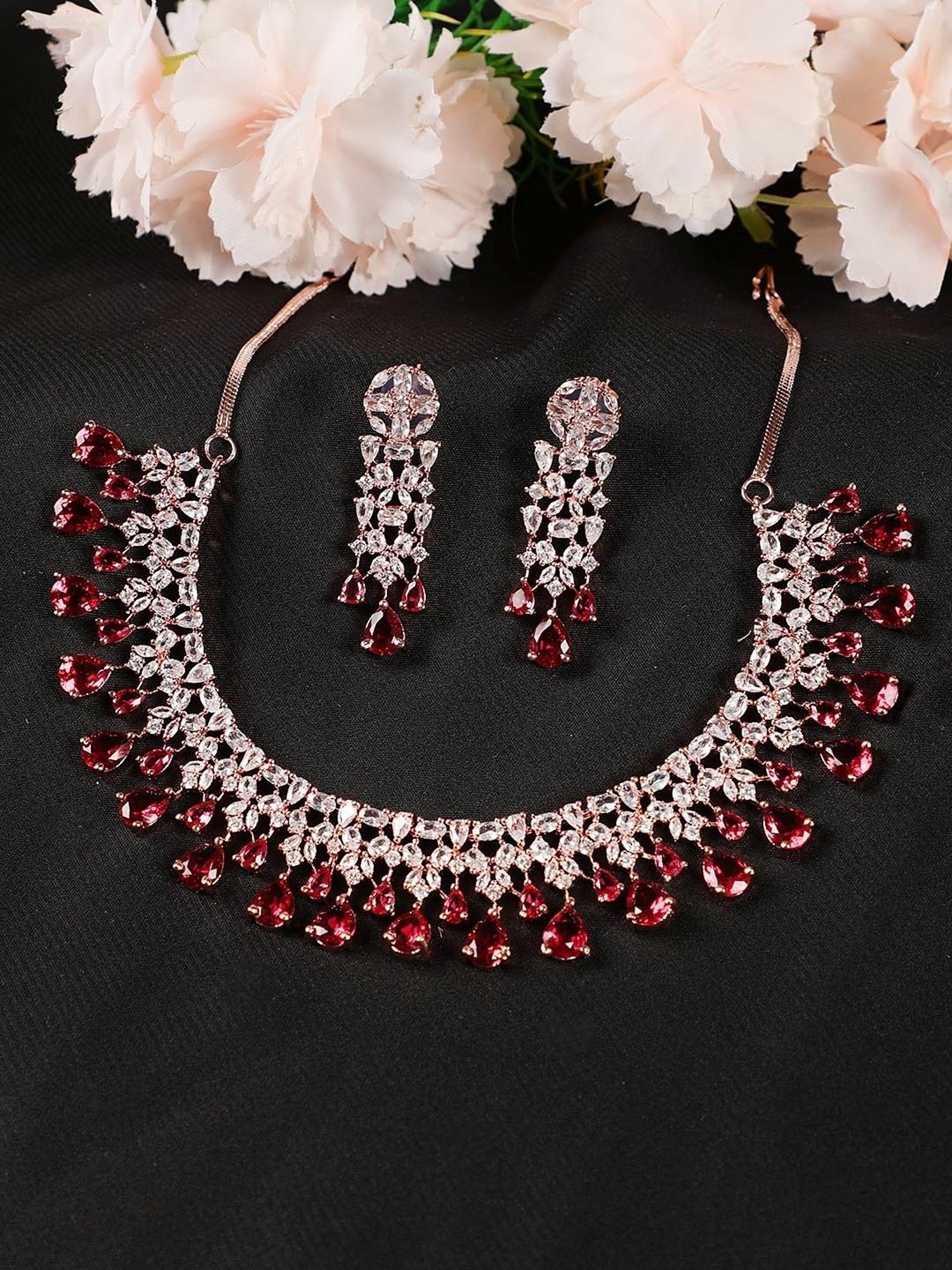 Aatmana Maroon American Diamond Rose Gold-Plated Necklace & Earring Set