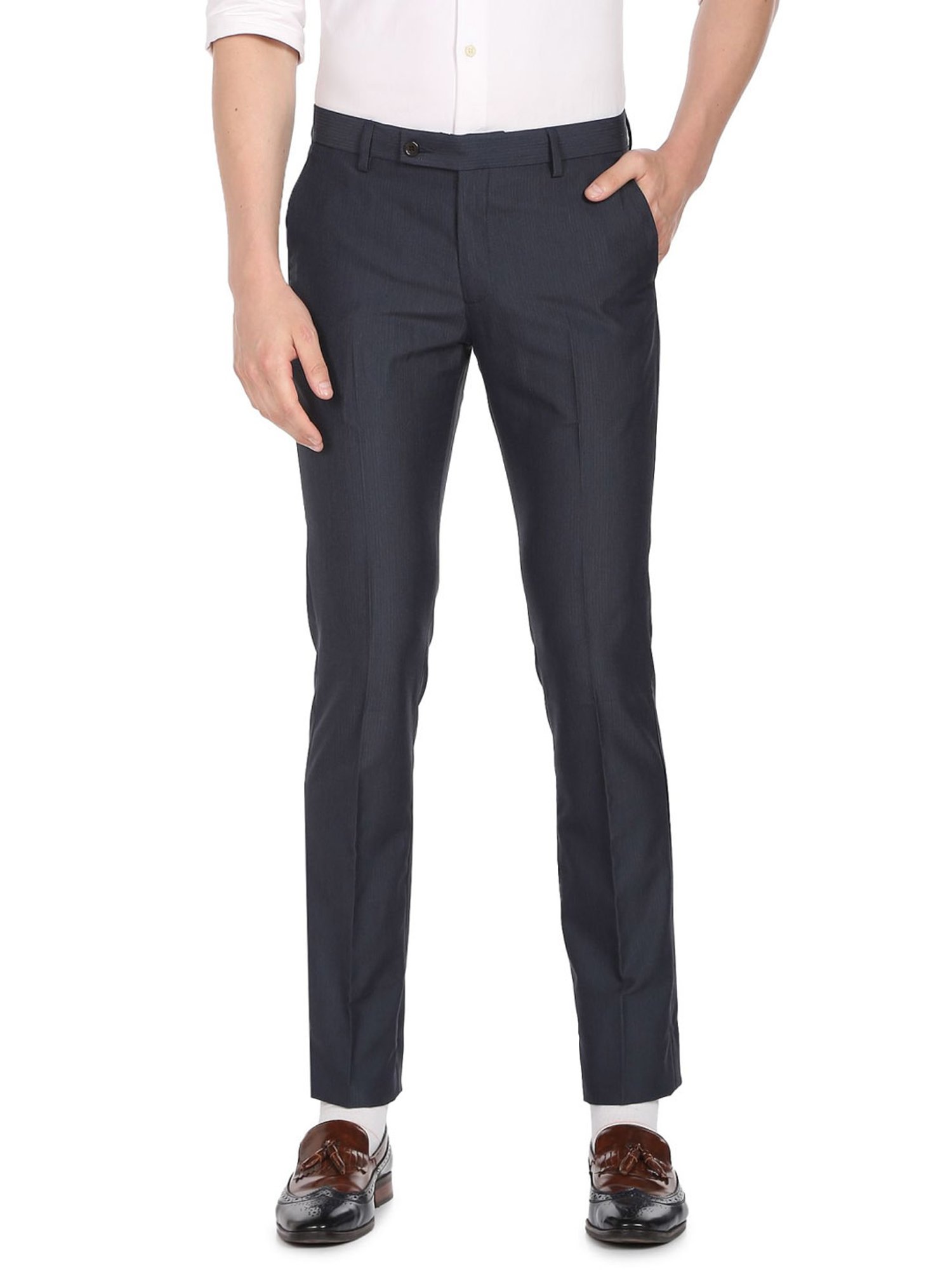 Arrow Navy Blue Regular Fit Self Pattern Trousers