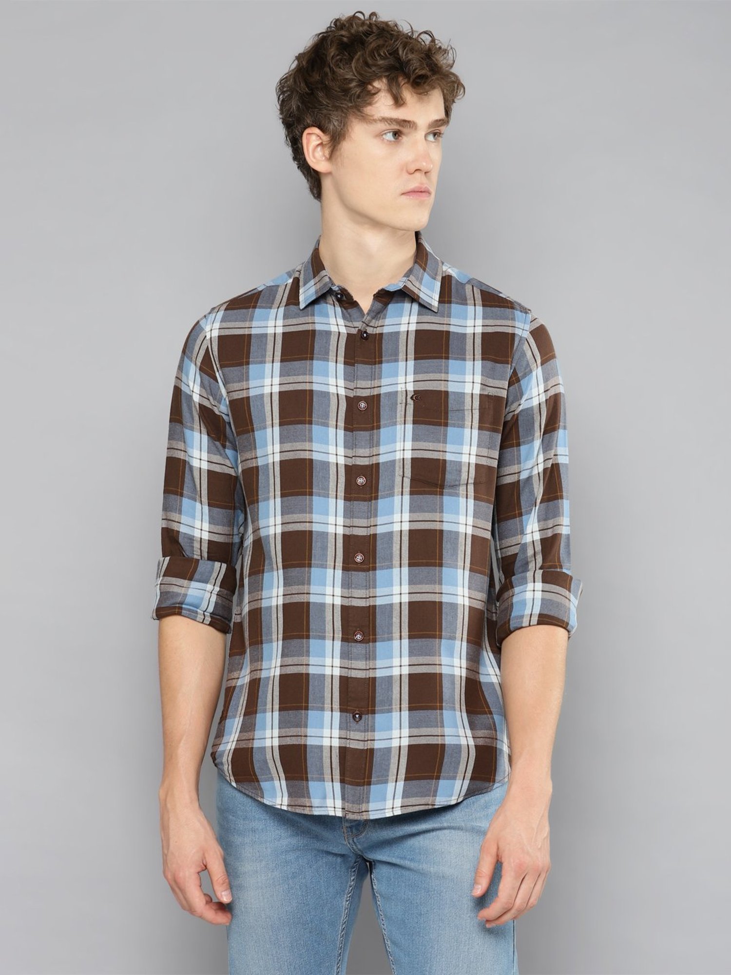 Allen cooper Brown & Blue Regular Fit Check Cotton Shirt