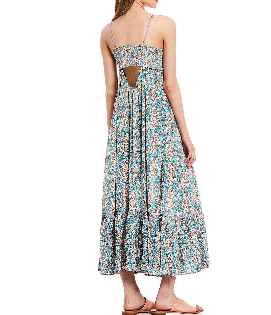 Free People Molly Jo Floral Print Sweetheart Neck Contrast Trim Sleeveless Ruffle Hem Button Front Midi Dress