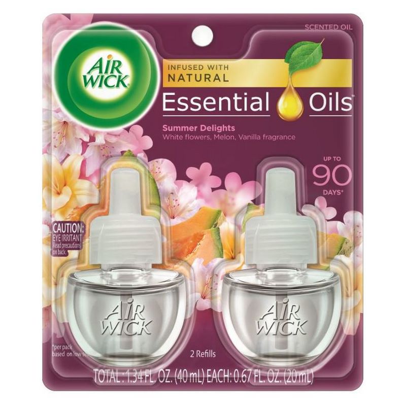 Air Wick Life Scents Scented Oil Plug in Air Freshener Refills, Summer Delights with White Flowers - Melon & Vanilla Scent - 2ct