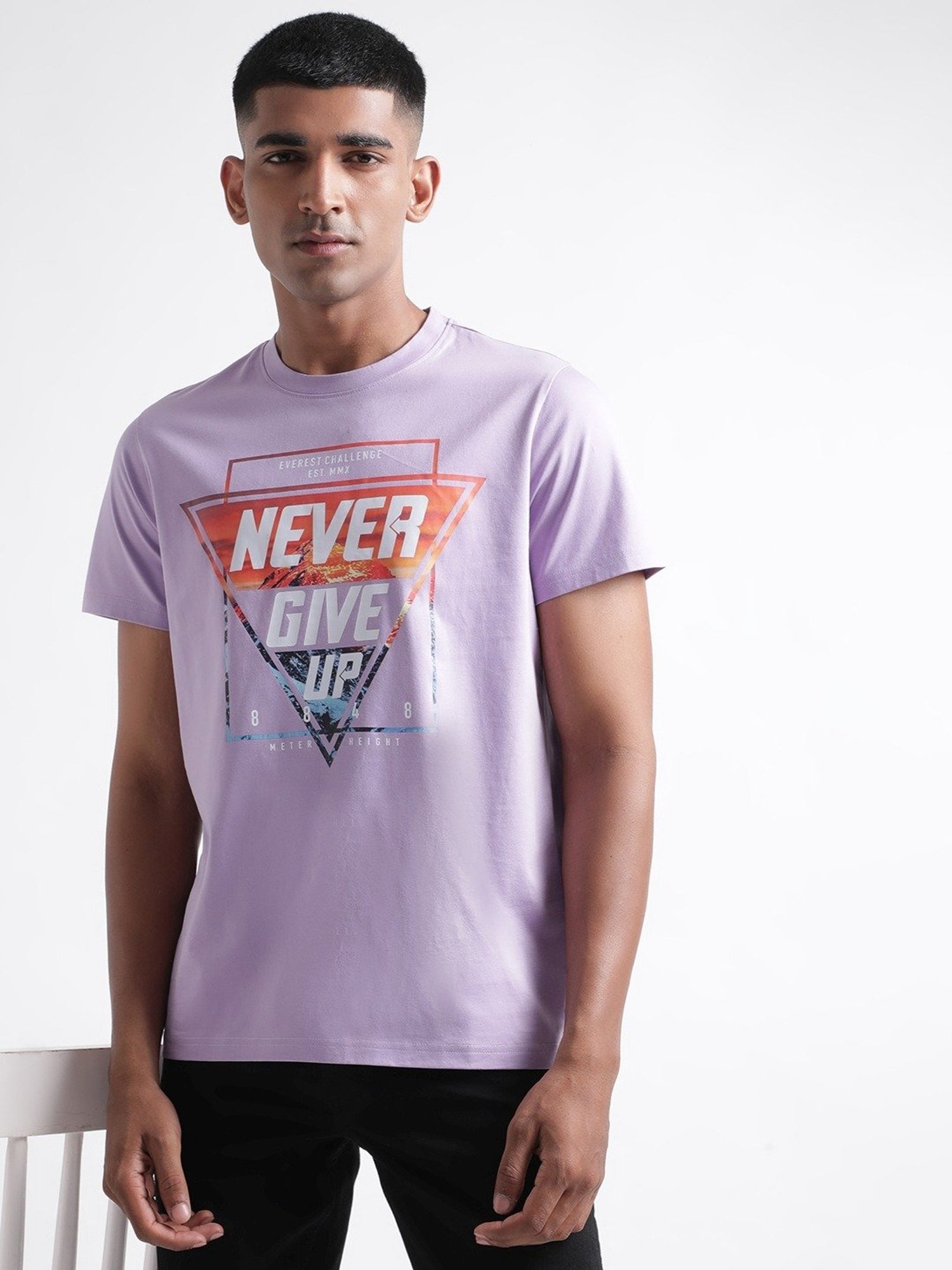 Iconic Lilac Cotton Regular Fit Printed T-Shirt