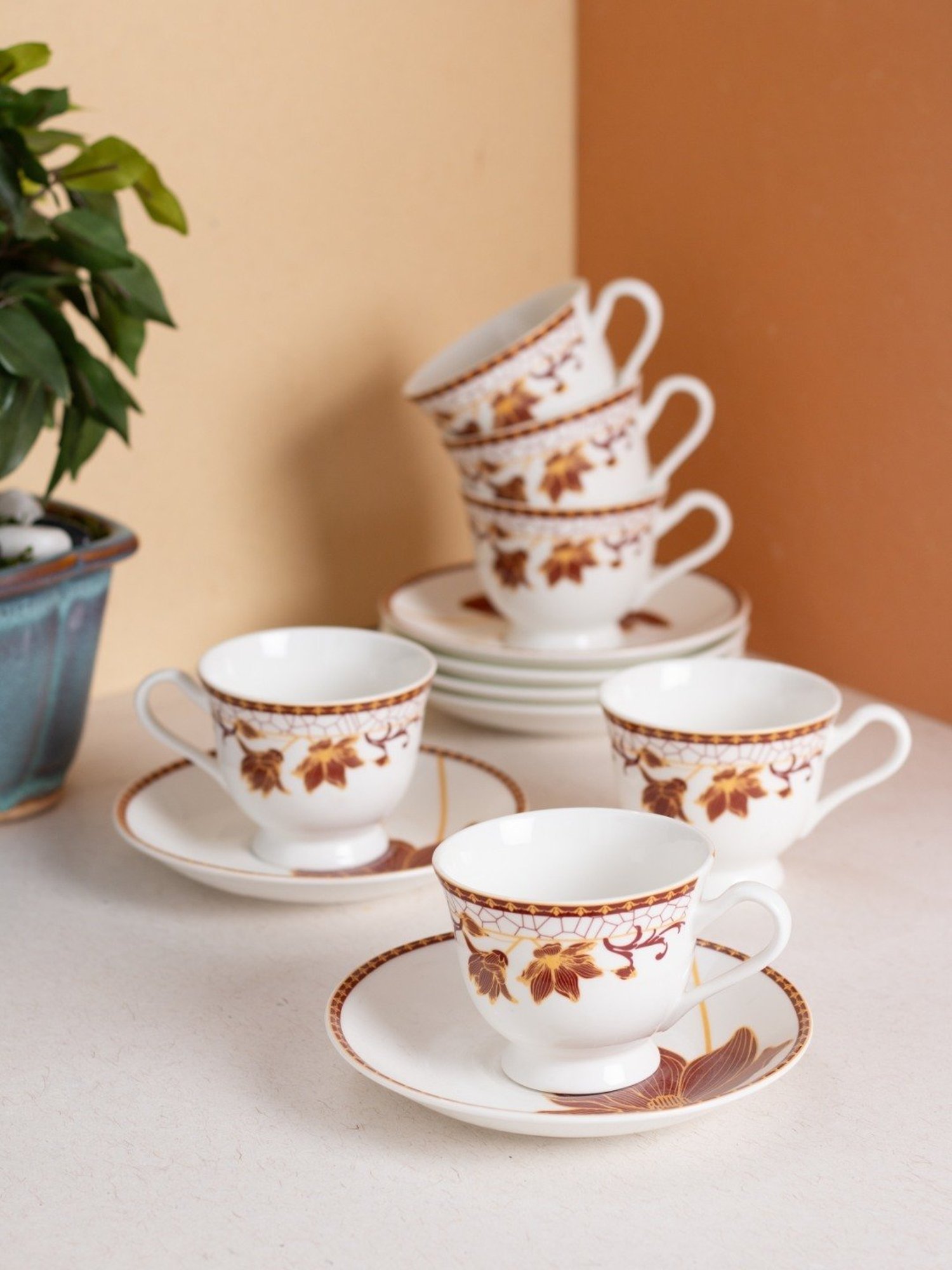 JCPL Fine Printed Maroon Ceramic Cup & Saucer 180 ml - Set of 12