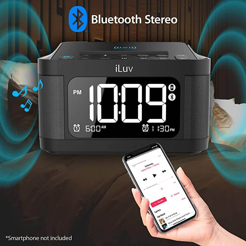 Time Shaker 6Q Wow QiCertified Fast 7510W Wireless Charging Alarm Clock with Vibration Shaker Dual Alarm Bluetooth Speakers FM Radio Sleep Timer 10Level Dimmer USB Charging Port