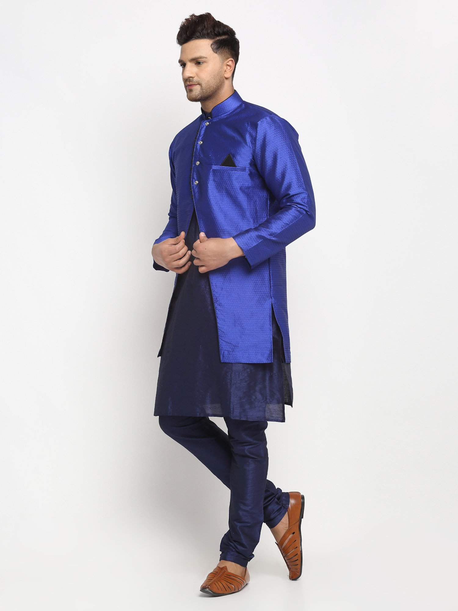 Benstoke Navy Blue Regular Fit Self Pattern Kurta Set With Jacket