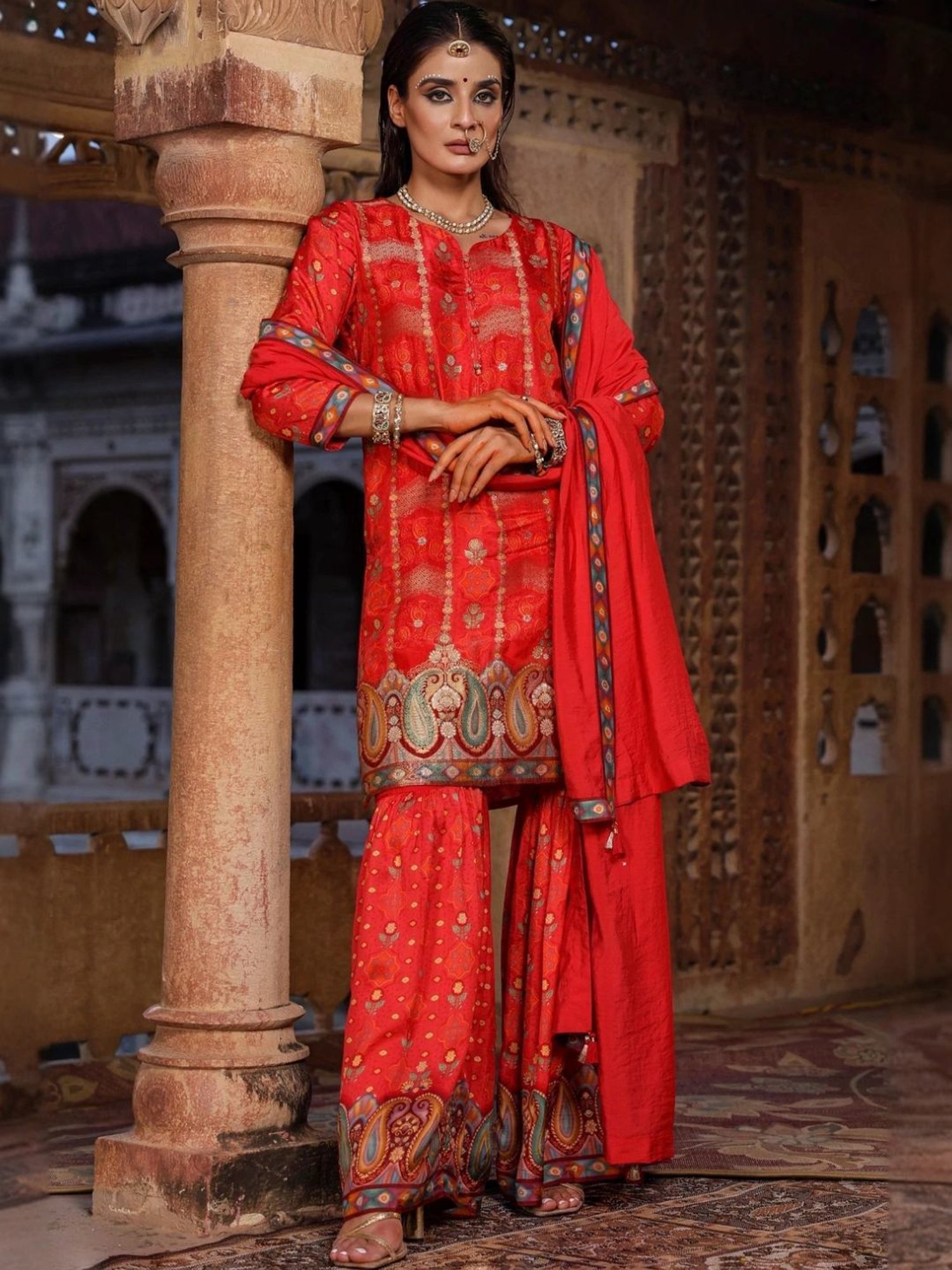 Scakhi Red Dola Silk Jacquard Sharara Set Tunic With Sharara And Dupatta