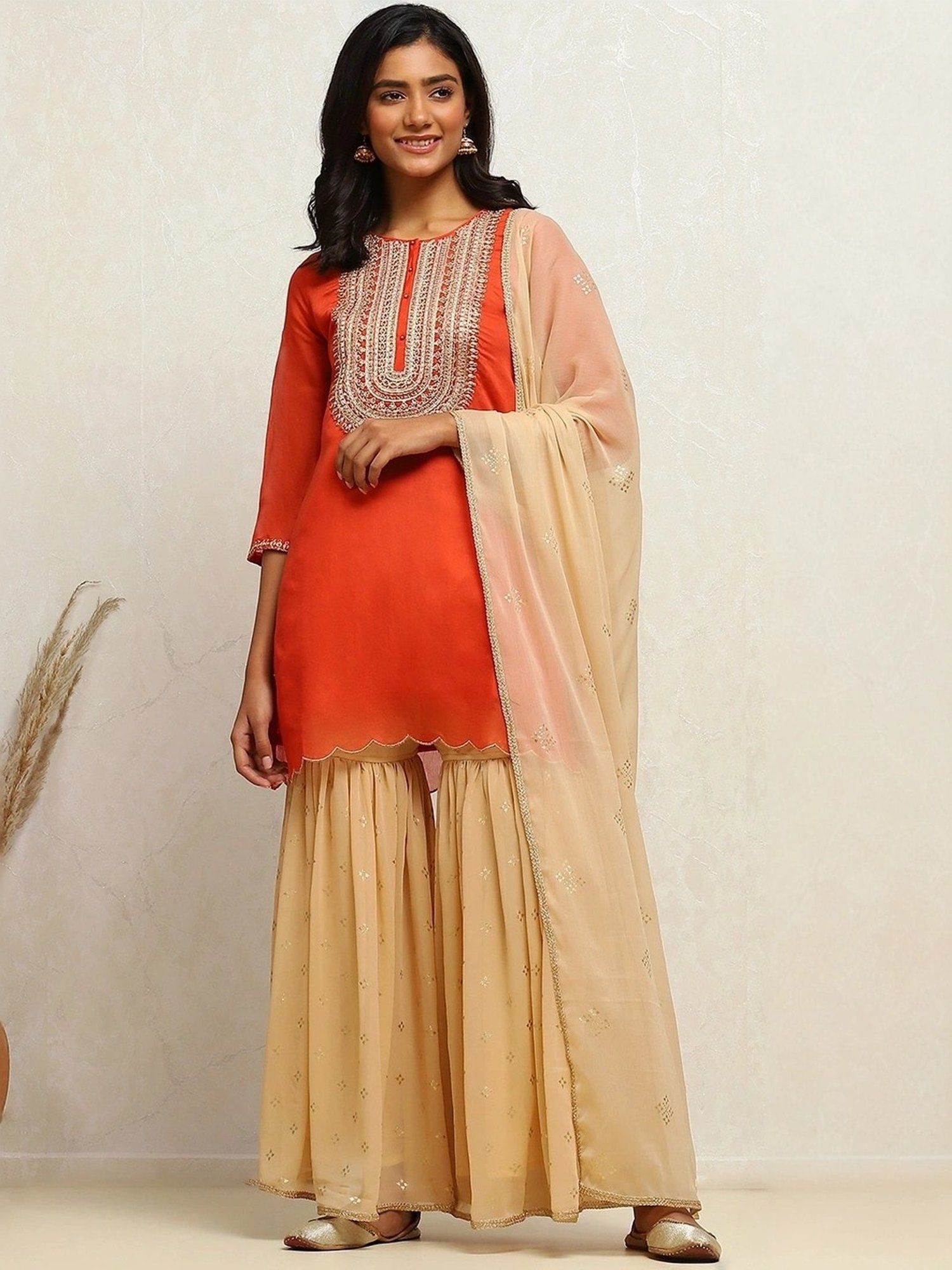 Biba Orange & Beige Embroidered Kurti Sharara Set With Dupatta