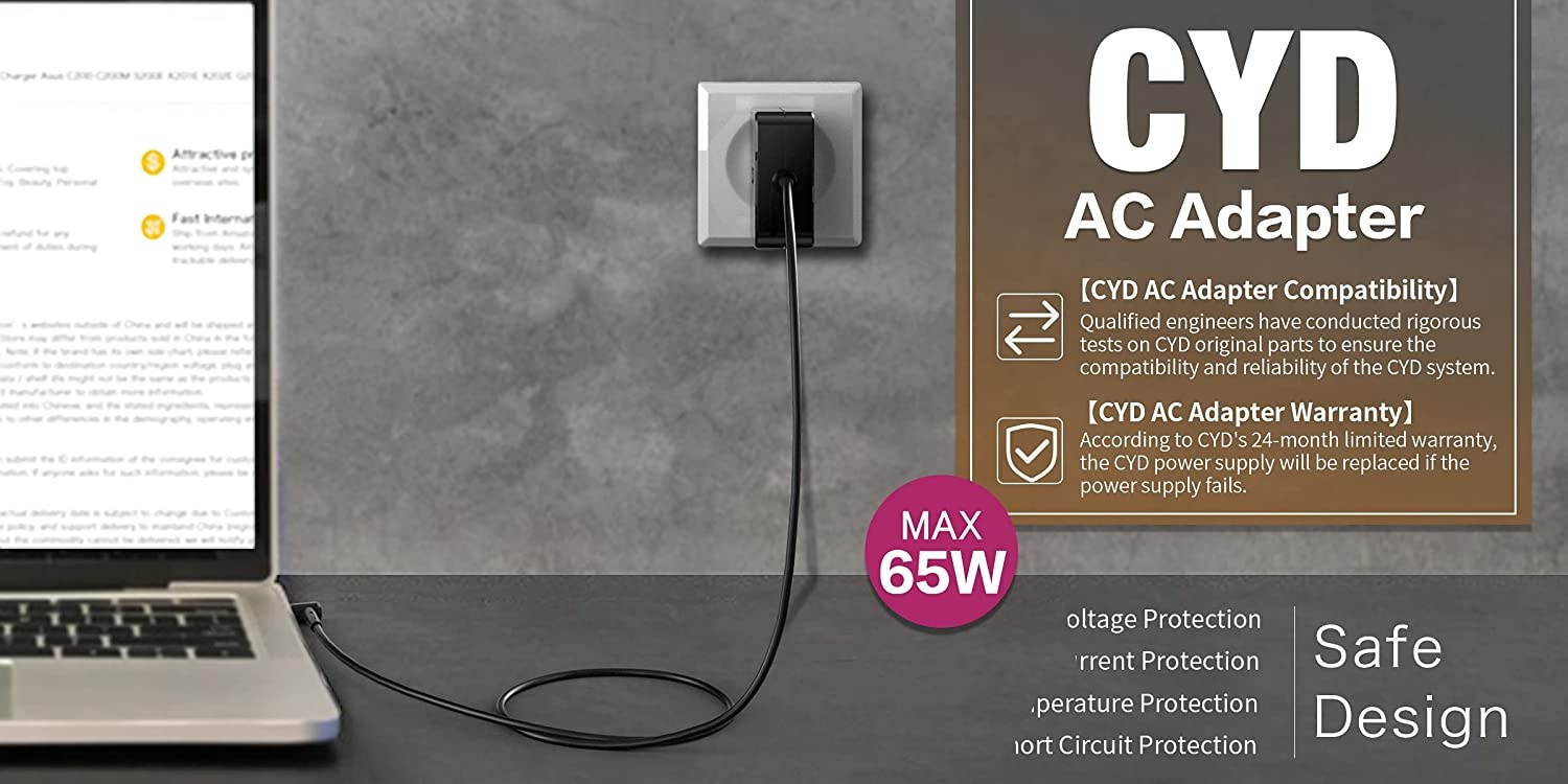 CYD 65W 19V Laptop Charger Compatible for Asus Power Supply UX360CA K556UA Q524U Q524UQ UX303UB X556UQ Q304 UX303UA UX310UA UX310UQ UX310UA-RB52 UX310U X541UA X541U X541UV Q302 Q302L Q302LA Q302U