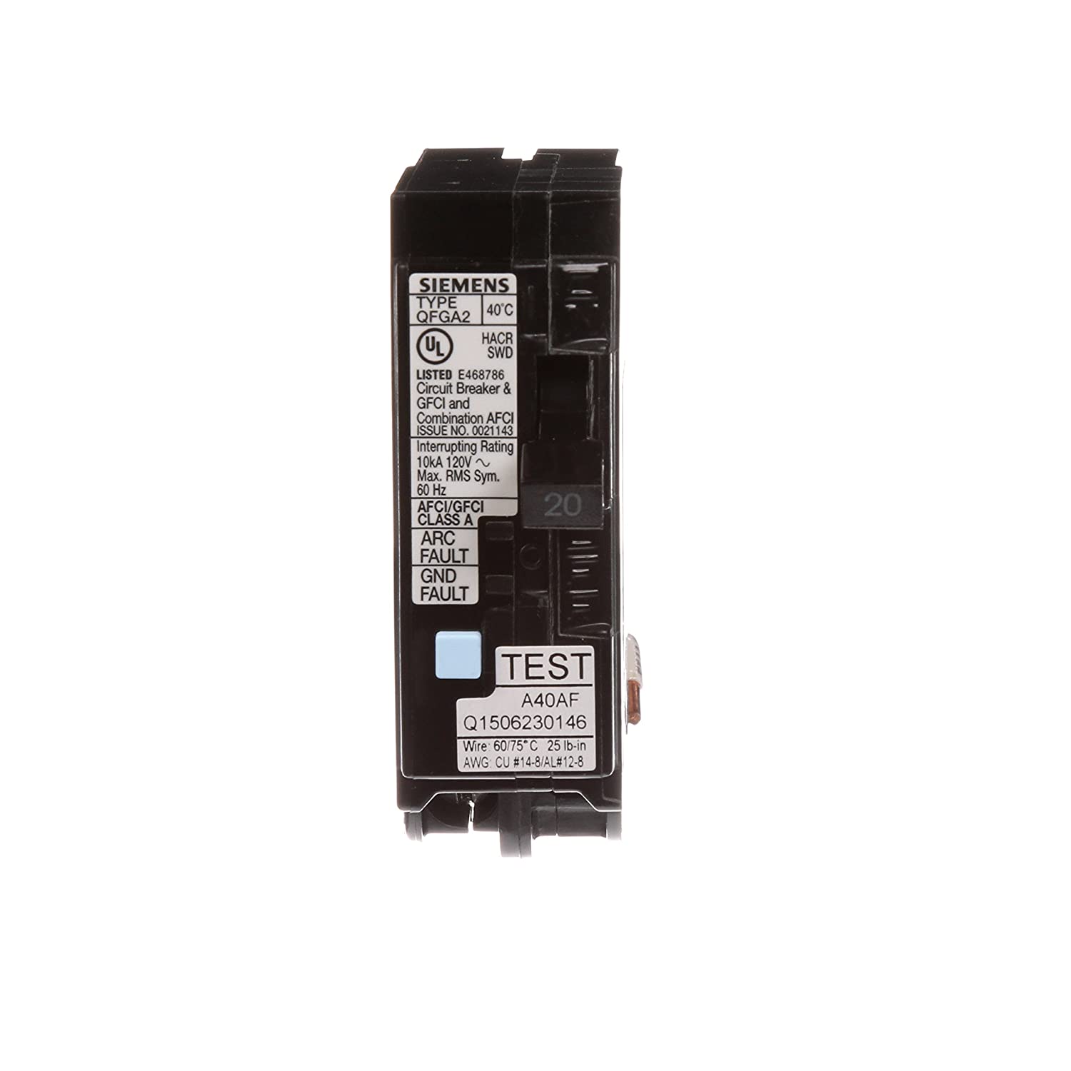 Siemens Q120DF  20-Amp Afci/Gfci Dual Function Circuit Breaker, Plug on Load Center Style