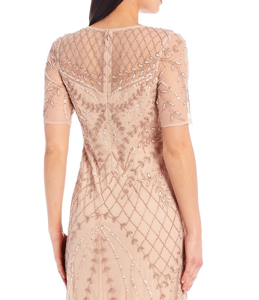 Adrianna Papell All Over Beaded Short Sleeve Jewel Neck A-Line Gown