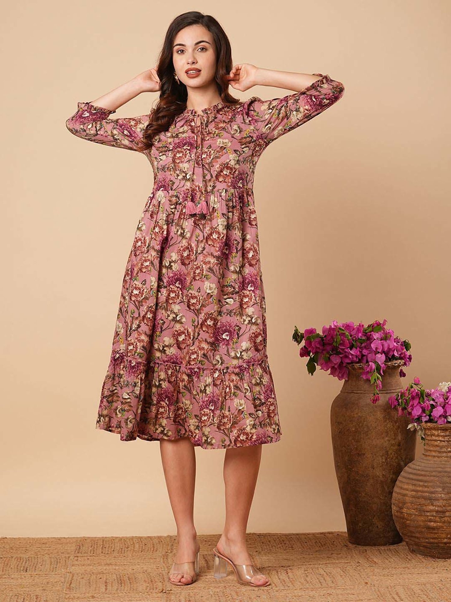 Fashor Purple Cotton Printed A-Line Dress