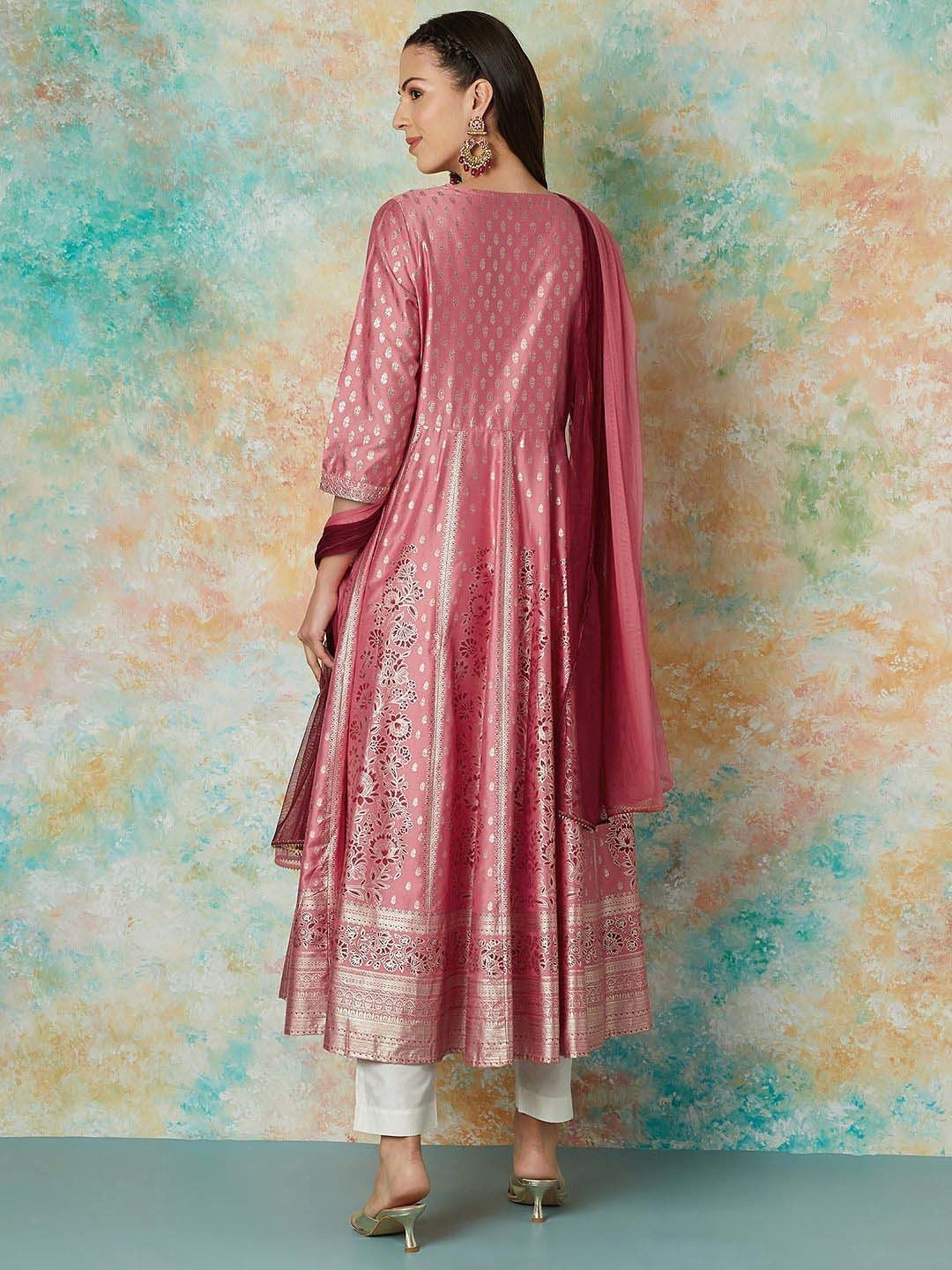 Melange by Lifestyle Pink Embroidered Kurta & Pant Set With Dupatta