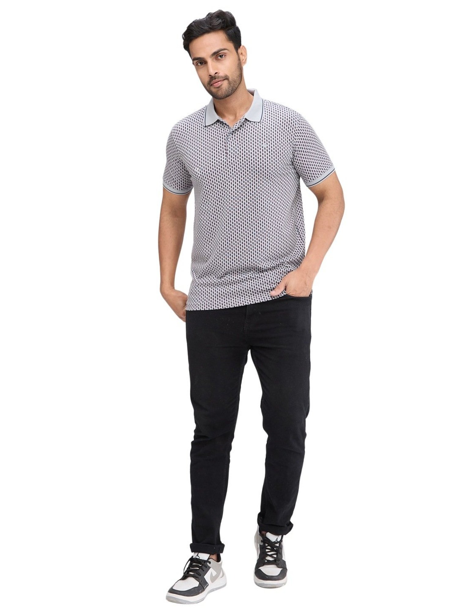 Park Avenue Grey Slim Fit Printed Polo T-Shirt