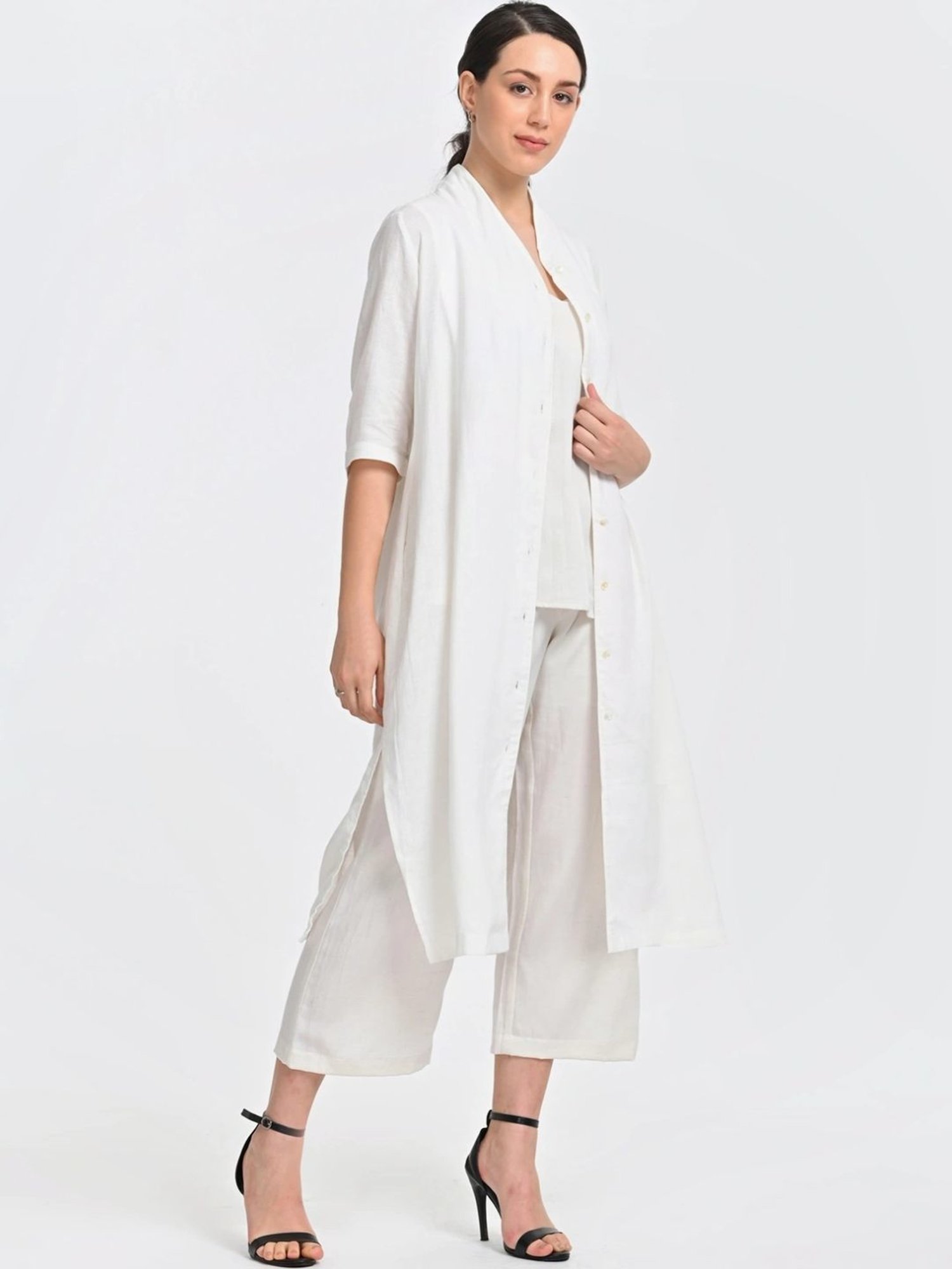 Saltpetre Cream 3 Piece Overlay Long Shirt With Top And Trousers Co-ords Set