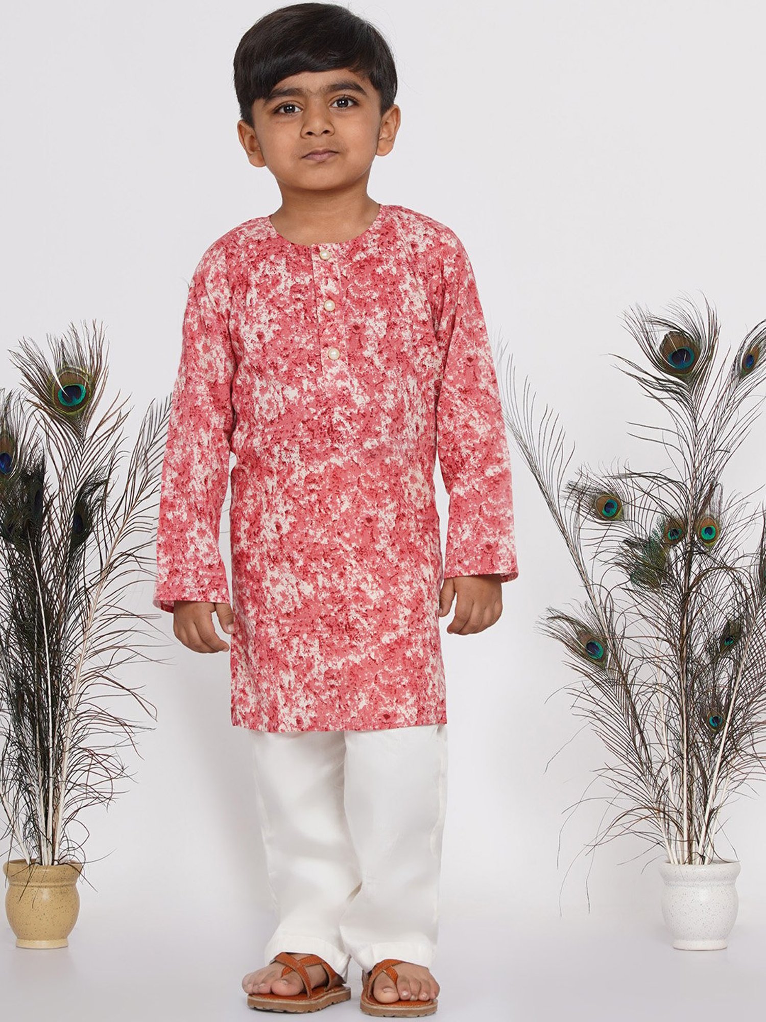 Little Bansi Kids Red & Cream Printed Kurta with Pants
