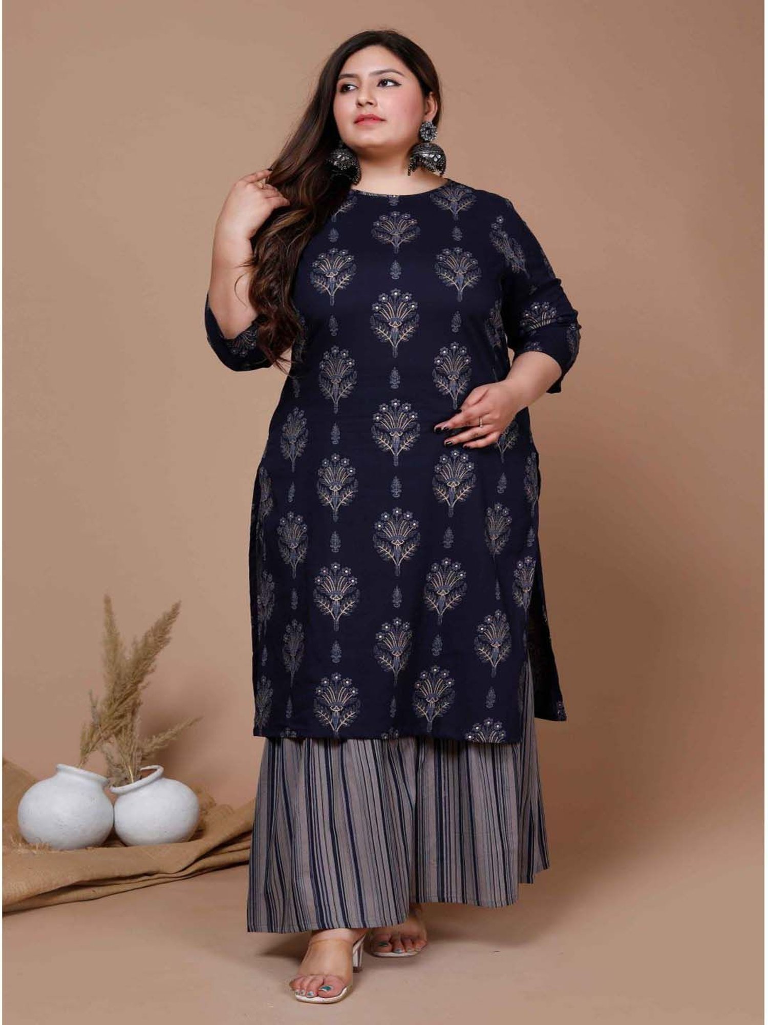 Miravan Blue Cotton Printed Kurta Palazzo Set