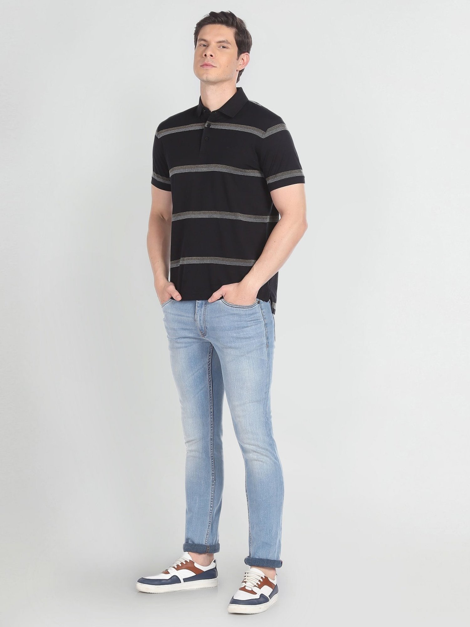 Arrow Black Cotton Regular Fit Striped Polo T-Shirt
