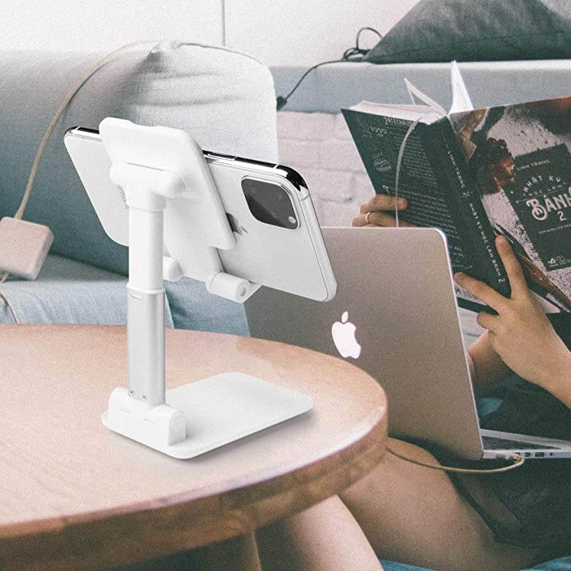 Cell Phone Stand Tablet Holder  Height Adjustable Aluminum Mount Dock Cradle for iPhone Samsung Tablet iPad Nintendo Switch Kindle Great for Facetime Recipe ReadingWhite