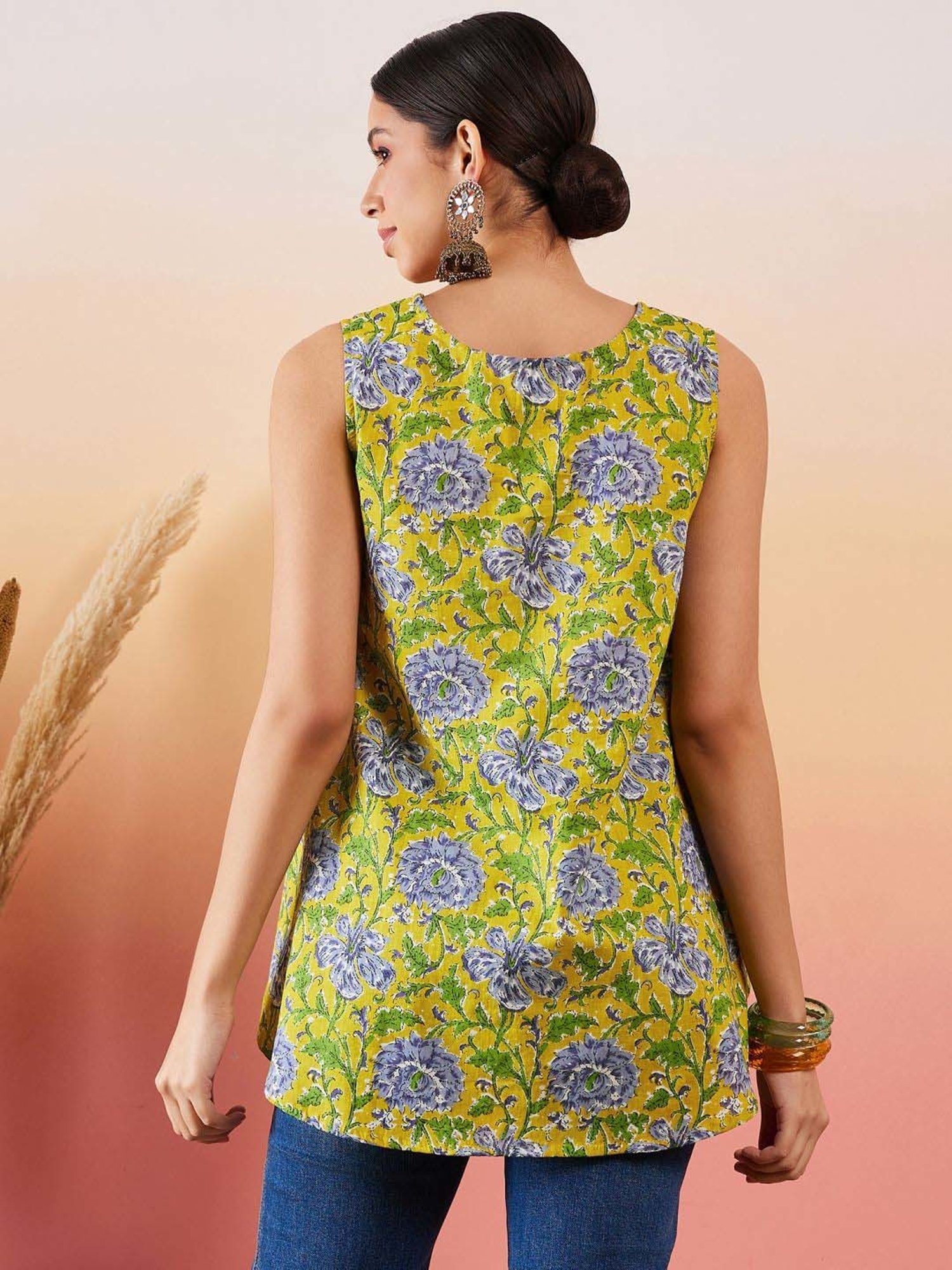 Inweave Lime Yellow Cotton Floral Print Top