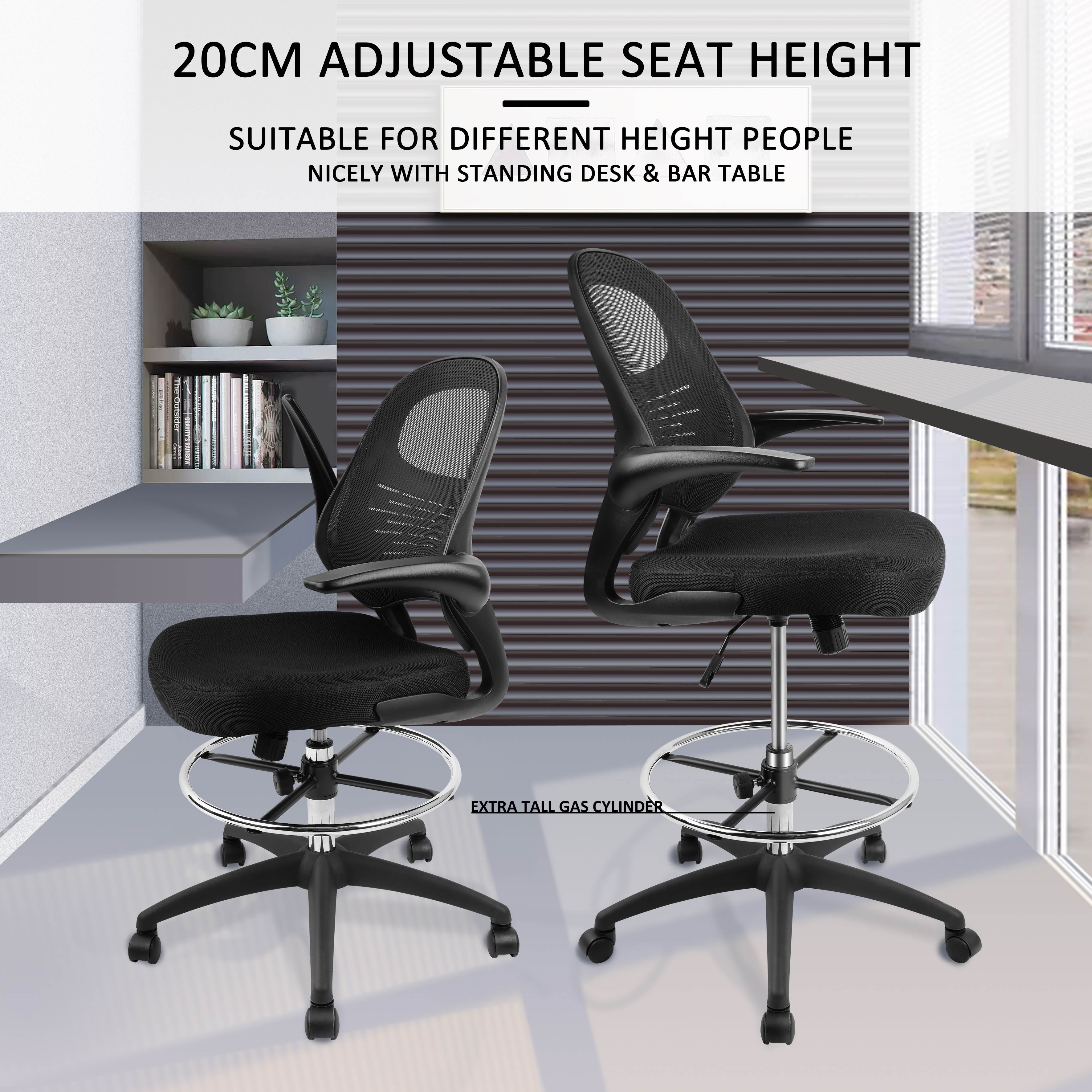 Drafting Chair, Tall Office Chair for Standing Desk, Mesh Drafting Table Chair with Adjustable Foot Ring, Flip-Up Arms, Black