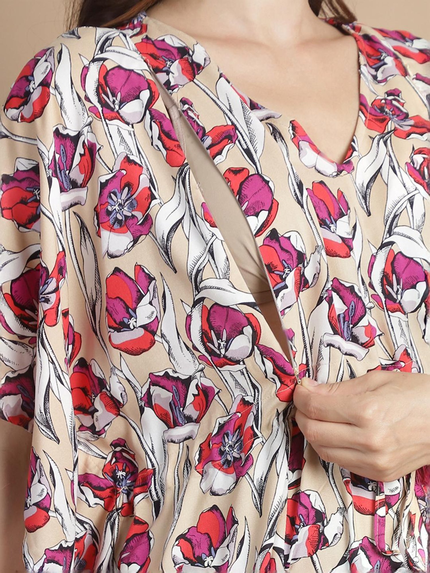 Secret Wish Beige Floral Print Kaftan