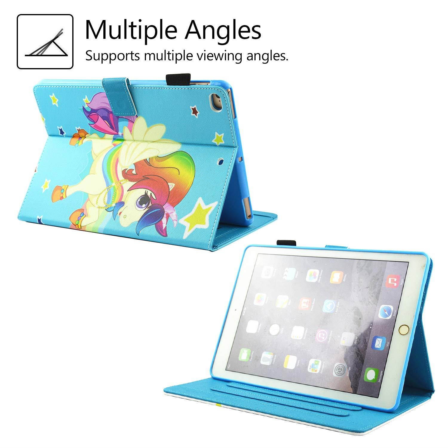 Casii iPad 9.7" 2018 2017 Case/iPad Air 1/2 Case,Premium PU Leather Cover Ultra Slim Folio Stand Smart Case with Card Slots Auto Sleep/Wake for iPad 6th/5th Generation/iPad Air 1/2,Star Unicorn