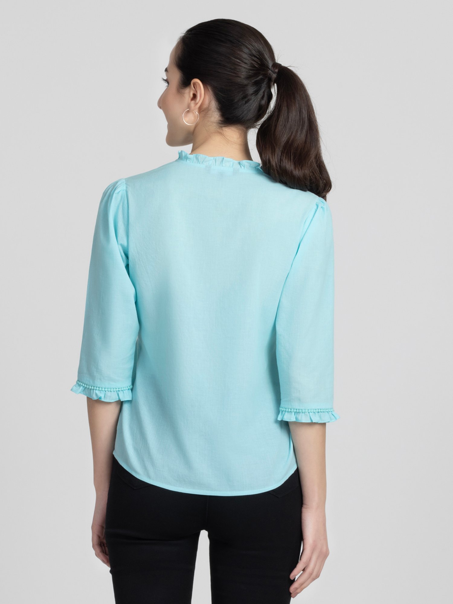 SHAYE Blue Cotton Embroidered Top