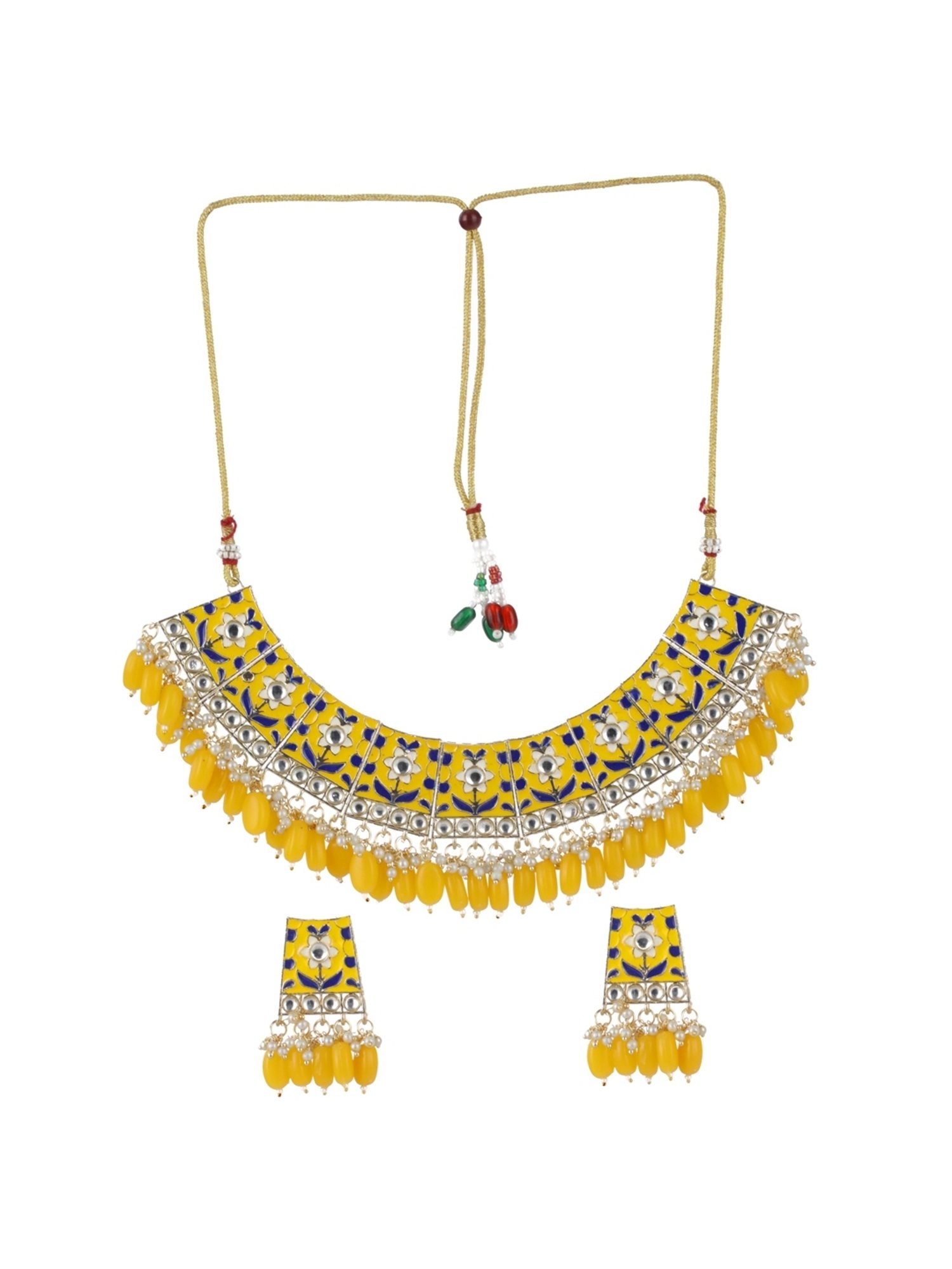 Aatmana Gold-Plated Yellow Meenakari & Pearl Beaded Necklace Set