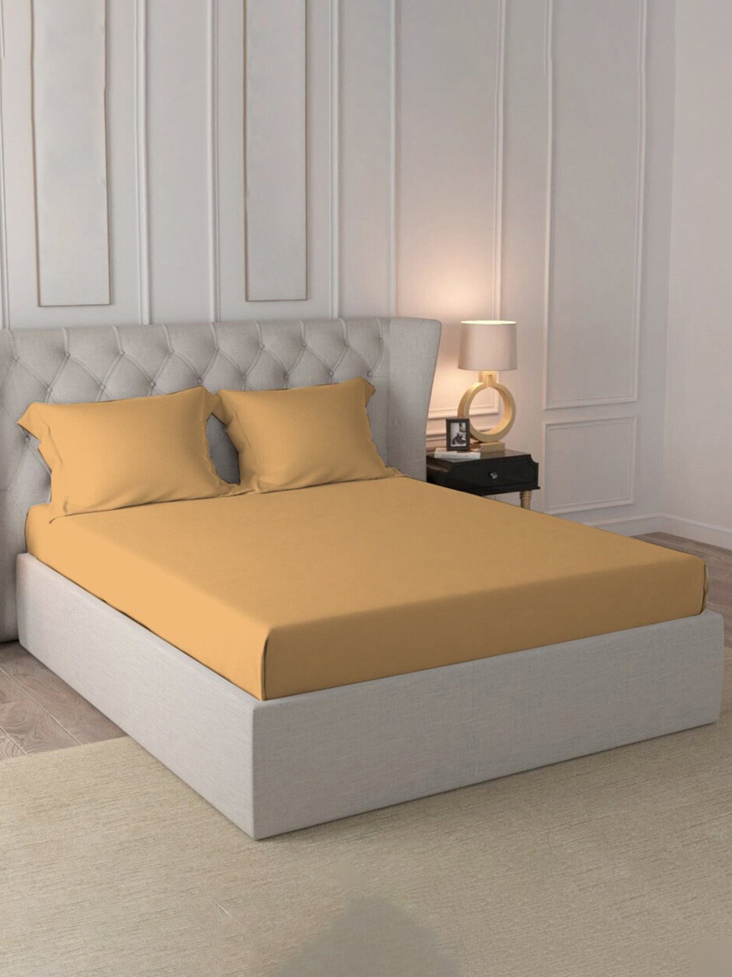 Pizuna Yellow 400 TC Cotton Queen Fitted Bed Sheet with 2 Pillow Covers