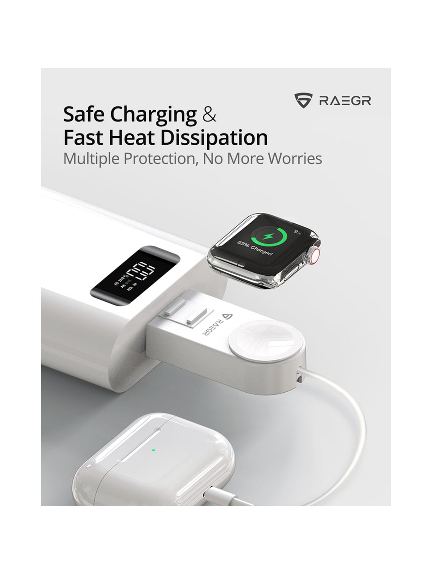 RAEGR Arc 450 Portable Apple Watch Wireless Charger with Apple Cable for AirPods & iPhones- (White)