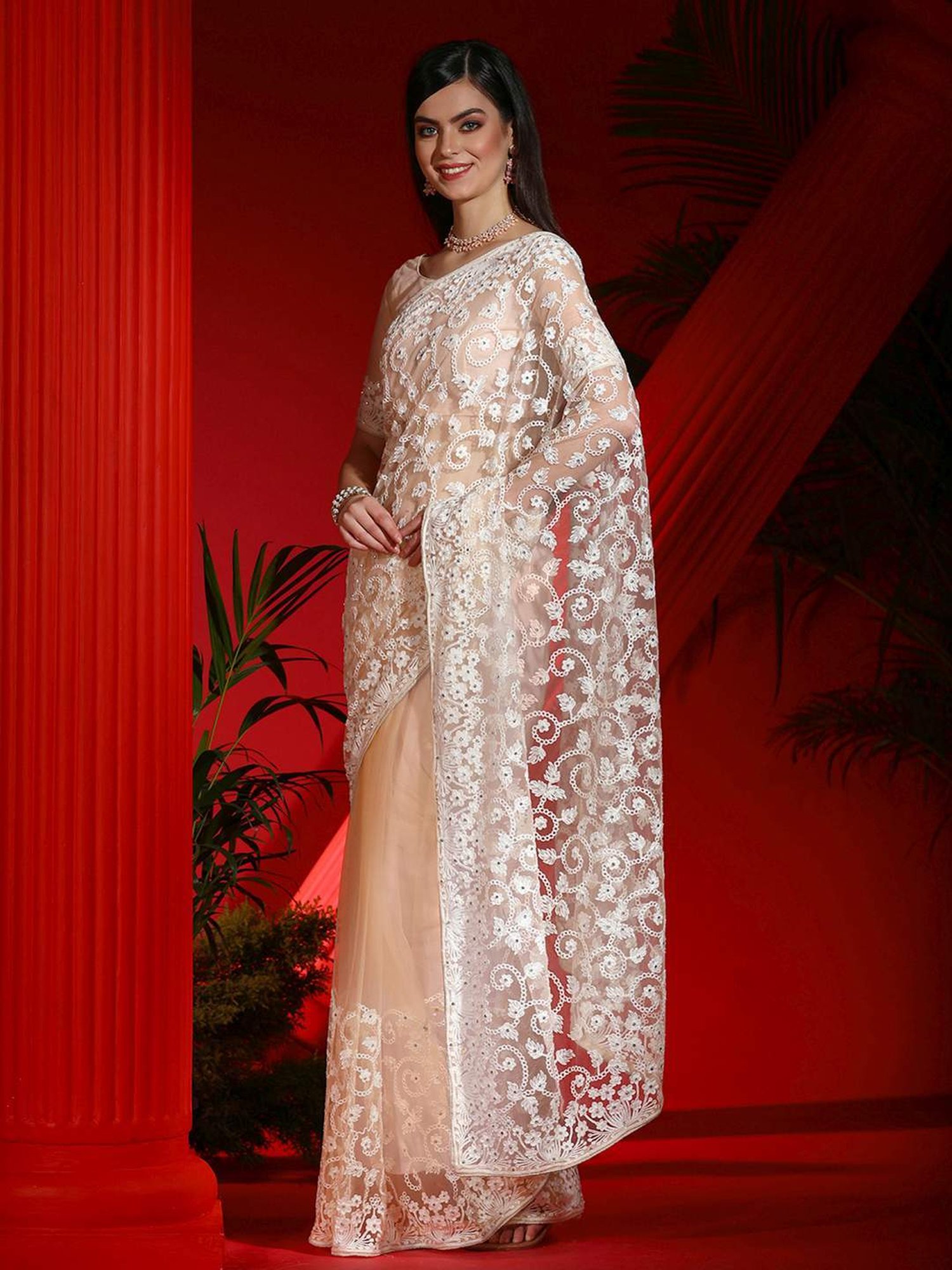 Saree Mall Peach Embroidered Saree With Unstitched Blouse