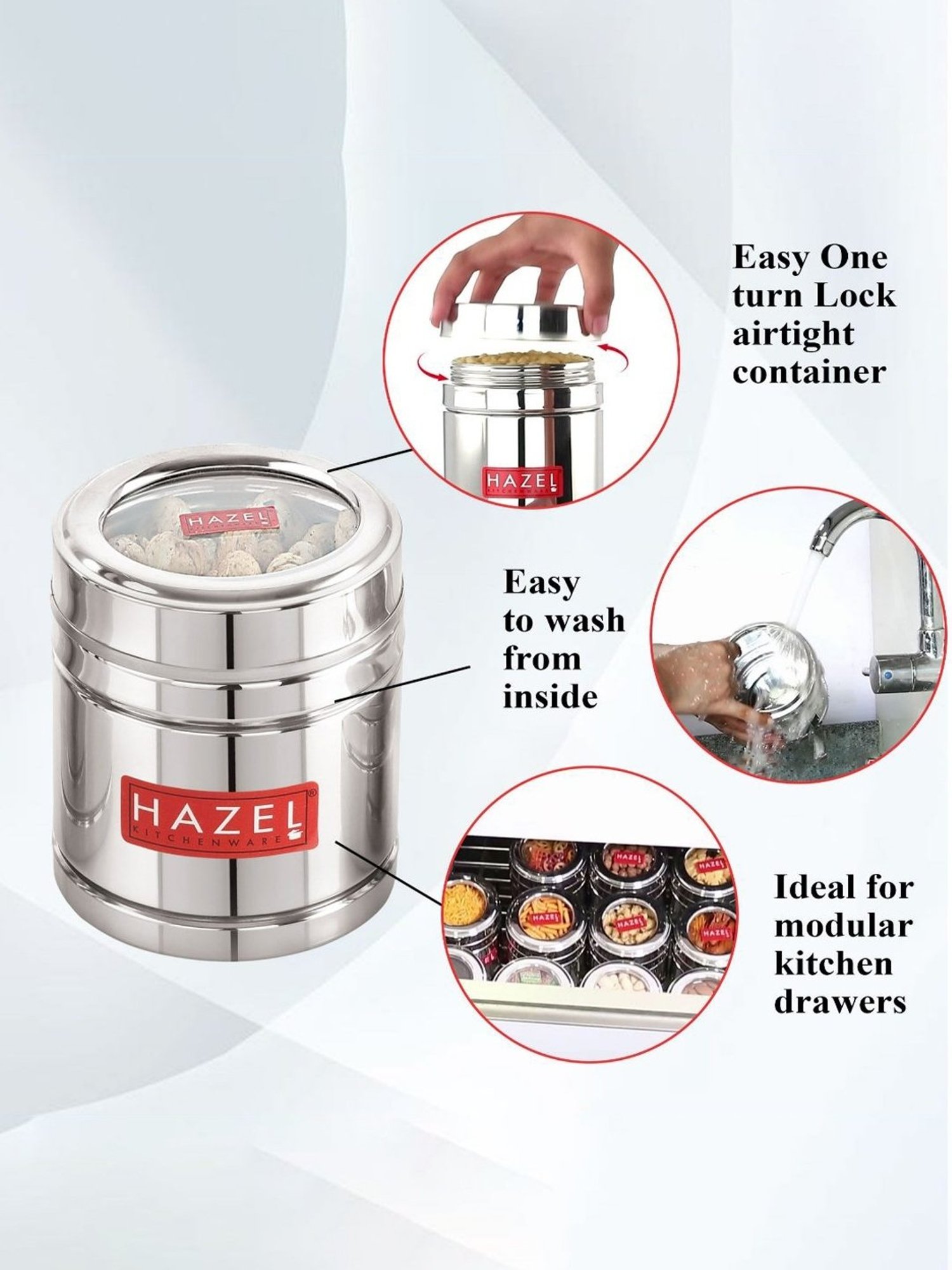 HAZEL Silver Stainless Steel Container with Transparent Lid - Set of 6 (0.5L)