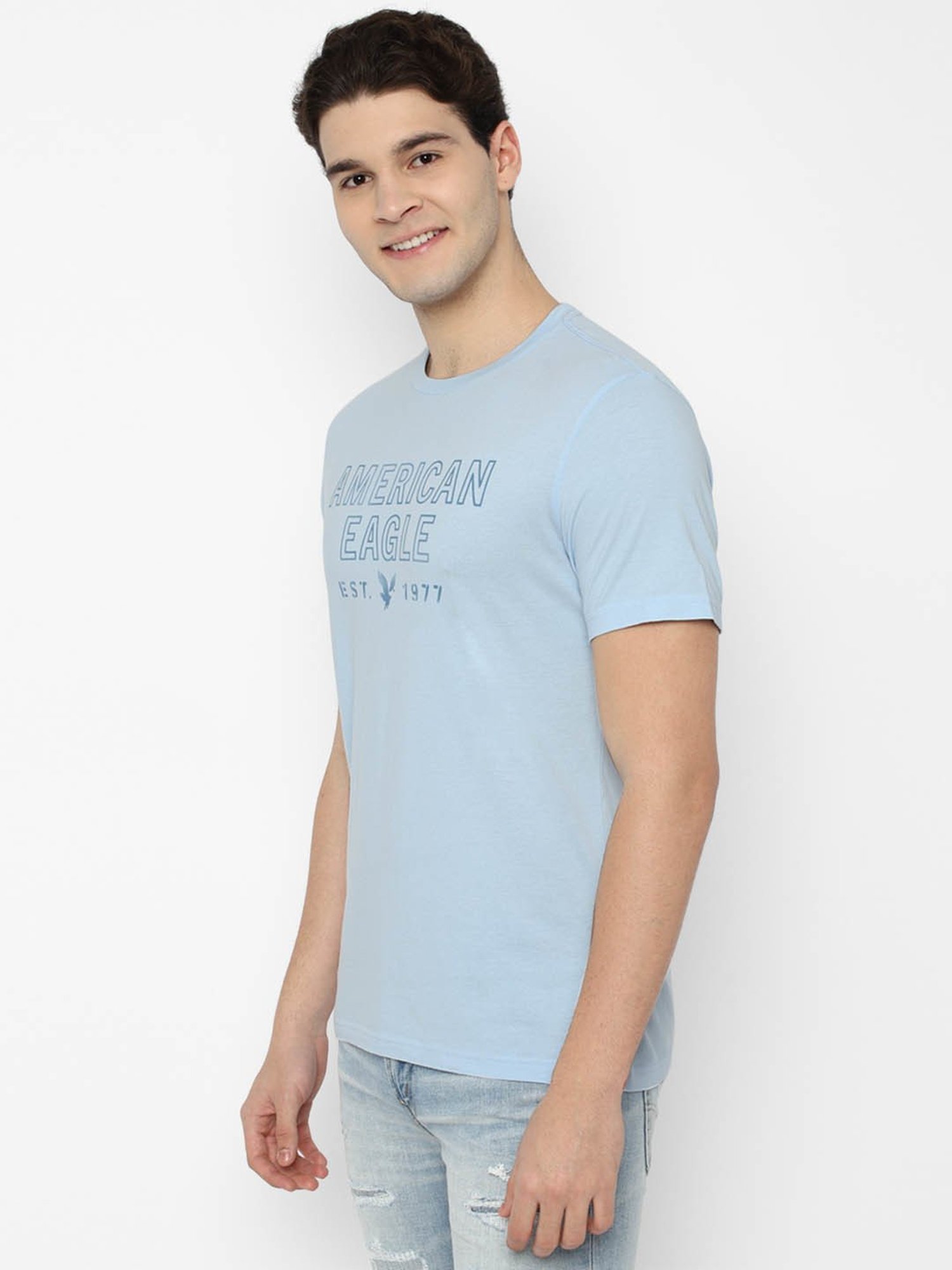 American Eagle Outfitters Light Blue Cotton Regular Fit Printed T-Shirt