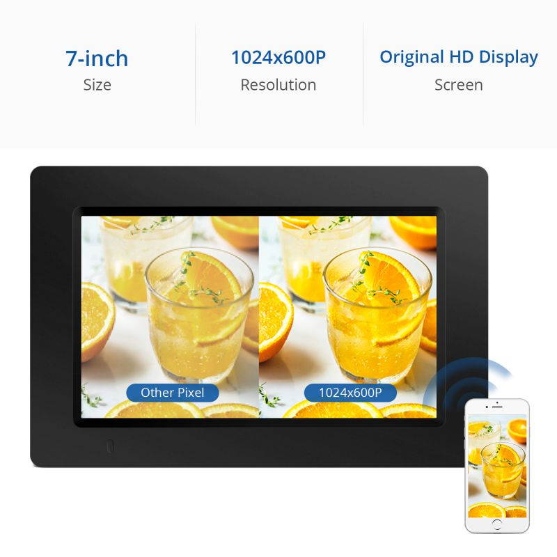 iDeaPLAY DF701 7 inch WiFi Digital Photo Frame, 8GB Internal Storage, iOS & Android App, Support Photo, Music, Calendar, Built-in Speaker